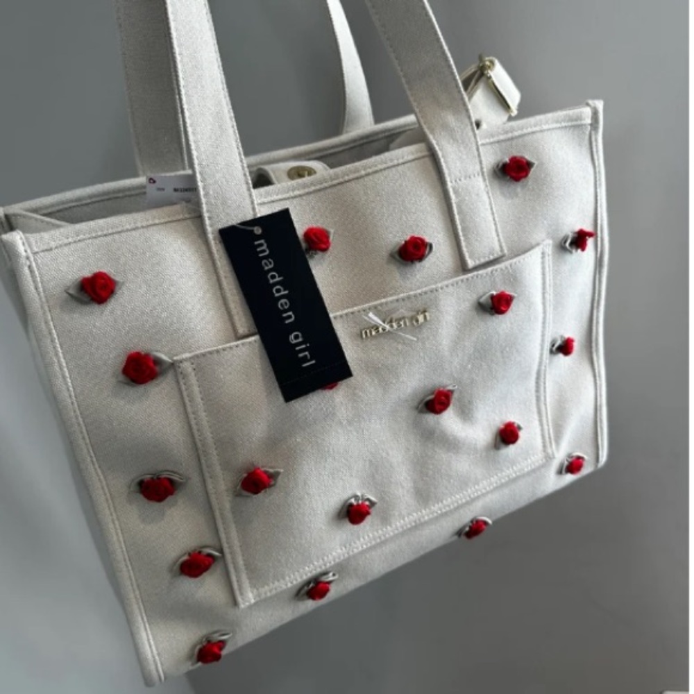 Madden Girl Canvas Red 3D Rose Rosetta Large Tote Shoulder Bag